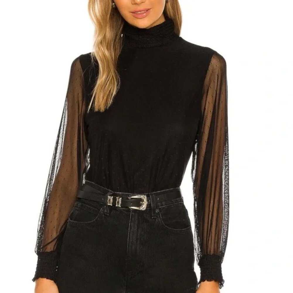 Sanctuary Sheer Black Mesh Top Long Sleeves Smocked Turtleneck Versatile Style S